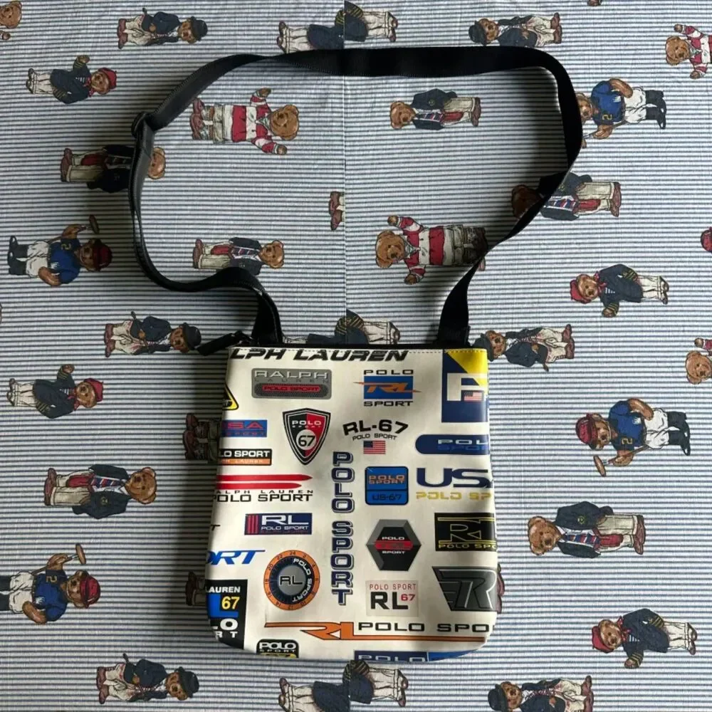 Vintage Polo Sport Ralph Lauren All Over Print Polo Logos Shoulder Satchel Bag